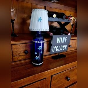 Blue Decorative Wine Bottle Lamp with Snowflake Design Hand Crafted With Lights